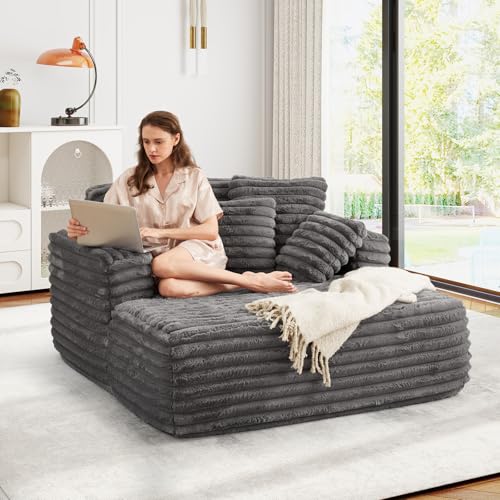 56-Inch Oversized Faux Fur Chaise Lounge Chair with Pillows, Grey