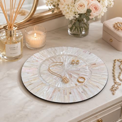 Champagne White 4-Piece Wooden Mother of Pearl Charger Plates Set - Radiating Gold Inlay, Artisanal Round Placemats for Weddings & Holidays