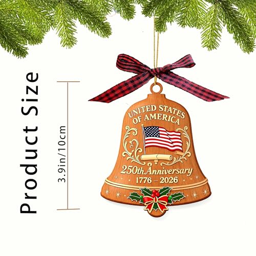 ERYRYIREI Brown Wooden American Flag Bell Ornament 3.9 Inch - 250th Anniversary USA Decor