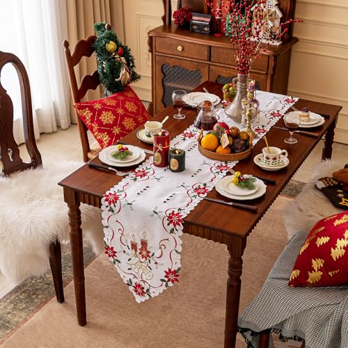 Joyfol Day Christmas Table Runner 14x69 in with Embroidered Poinsettia Holly Candles Bell