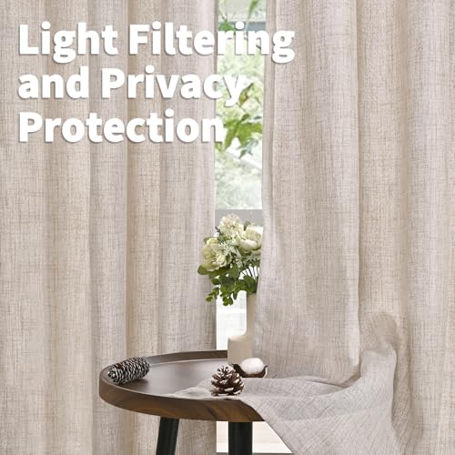 Linen Semi Sheer Curtains 52x63 Inch - Light Filtering Grommet Drapes, 2 Panels