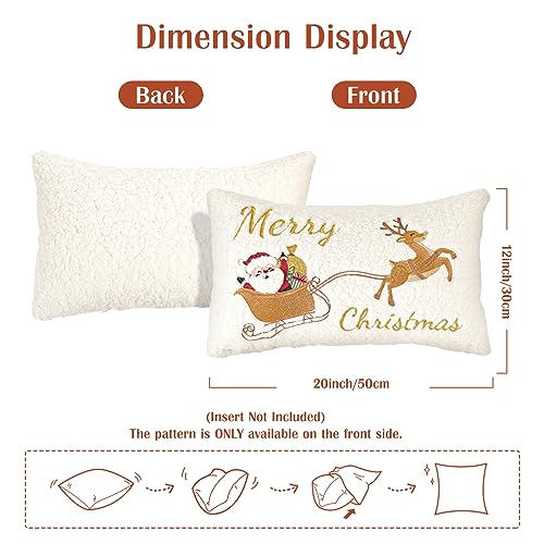 Lewondr Christmas Throw Pillow Cover, 1 PCS 12 x 20 Inch Cute Santa Claus Reindeer Sleigh Embroidery Throw Pillow Case Luxury Soft Pellet Velvet Lumbar Pillow Cover for Bed Home Decor Living Room