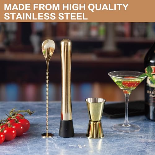 3-Piece Gold Bartender Set with Muddler, Cocktail Spoon & Jigger - Professional Bar Tools