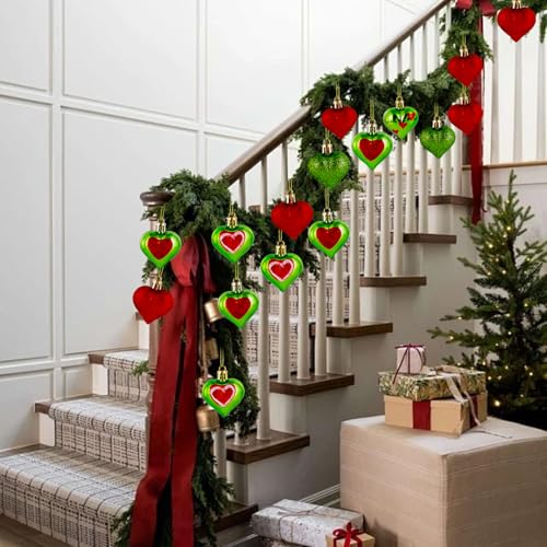 30 Pcs 5 Styles Lime Green Christmas Heart Ornaments 1.8 Inch Glittering Heart Shaped Tree Hanging Ornaments for Christmas Anniversary Wedding Party Valentine Mother's Day Decoration