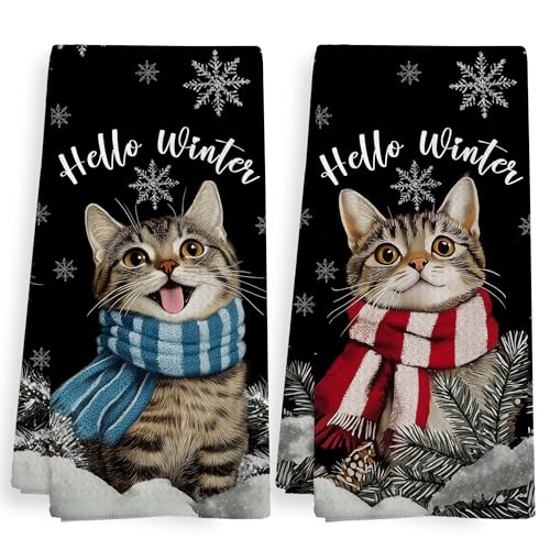XNXLDYLH Hello Winter Cat Kitchen Towels Set for Cats Lovers, Christmas Snowflake Dish Hand Towels, 16x24 Inch - Cat Variation
