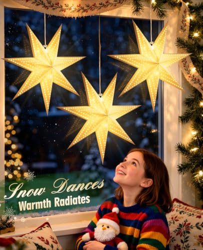 Luxspire 3 Pack C-17.7in Christmas Paper Star Lanterns with Lights, 8 Modes