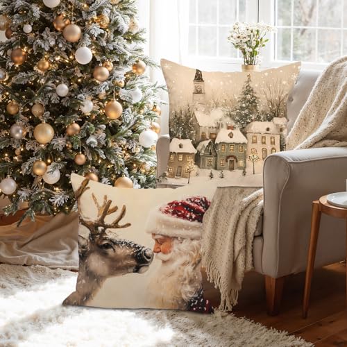 Lanpn 24x24 Christmas Throw Pillow Covers Set of 4 - Snowman Santa Reindeer Holiday Decor
