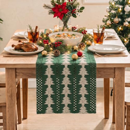 Artoid Mode 12x120 Inch Green Woven Table Runner - Beige Tree Christmas