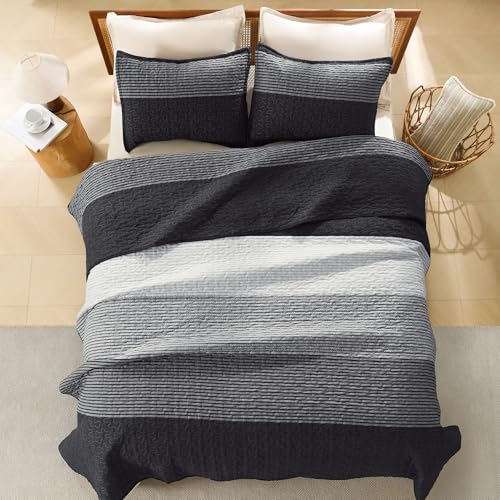 Litanika Queen Quilt Set, 3 Piece Black and White Stripe Coverlet Bedspread