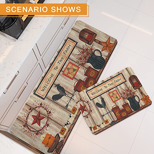 Farmhouse Rooster Kitchen Mat Set - Non-Slip Rustic Floor Rugs (2 Pack)