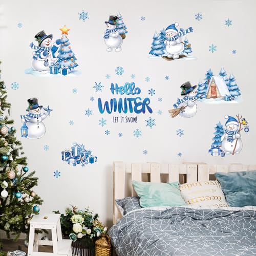 Christmas Snowman Wall Decals Set – Blue & White Hello Winter Window Clings, Removable Snowflake Decor