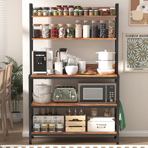 5-Tier Industrial Bakers Rack with Storage Shelves and Hooks