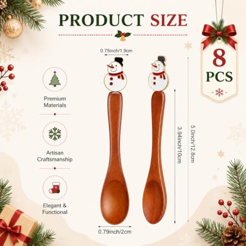Christmas Snowman Coffee Spoons Set - 8 Wooden Tea Stirring Spoons with Holiday Decor