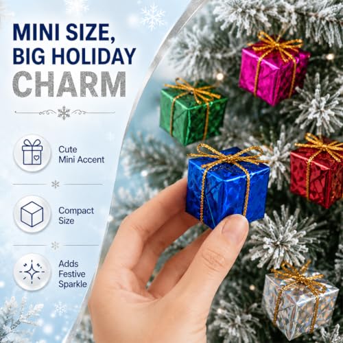 36Pcs Mini Christmas Tree Ornaments Set - 1 Inch Foil Gift Boxes with Hanging Rope
