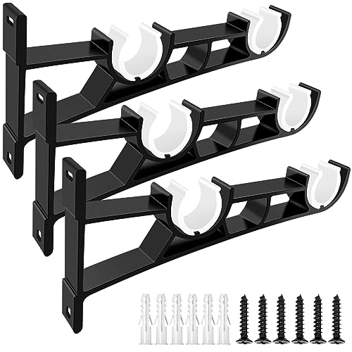 Heavy Duty Double Curtain Rod Brackets for 1 Inch Rods, 3 Pack Black