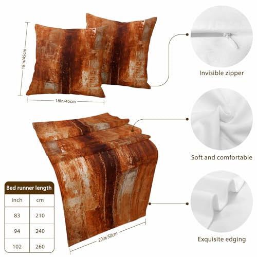 Burnt Orange Bed Runner and Pillow Covers Set - Abstract Art Queen Bed Scarf