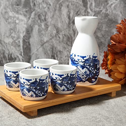 ABuff Japanese Sake Set with Ceramic Tokkuri & Ochoko Cups, Wooden Tray
