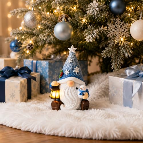 Blue Lighted Christmas Gnome Decor with Timer – Resin Snowman Figurine