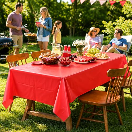 Red Disposable Tablecloths 54 x 108 in, 2 Pack Plastic Rectangular Covers for Parties