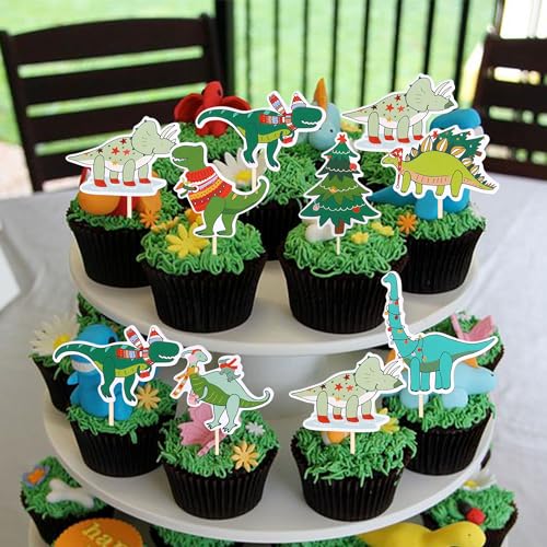 YCTHUNFISH 35 Pack Dinosaur Christmas Cupcake Toppers – 7 Patterns, Pre-assembled Party Picks (Variation 16)