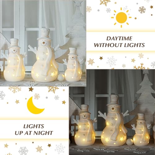 Modern 3 Pack LED Ceramic Snowman Figurines - Battery Operated Holiday Decor