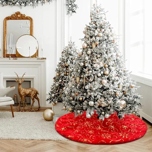 Red Christmas Tree Skirt with Gold Sequin Snowflakes Plush Faux Fur