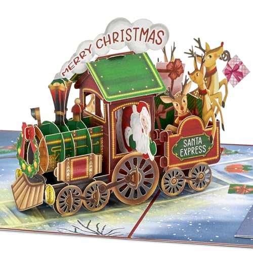 POPWOW Christmas Train Pop Up Card - Santa Reindeer 3D Xmas Greeting Card with Envelope & Note - 5x7