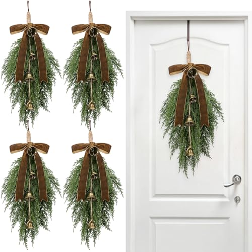 Shihanee 4-Pack Christmas Cedar Swags Teardrop with Velvet Bow Khaki