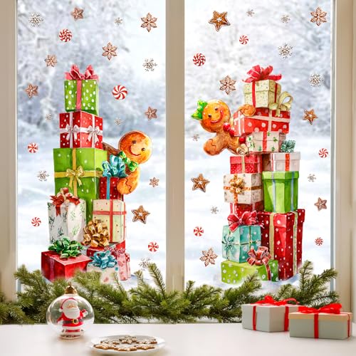 Pawliss 2-Pack Extra Large Window Clings Gift Boxes Gingerbread Man Snowflakes