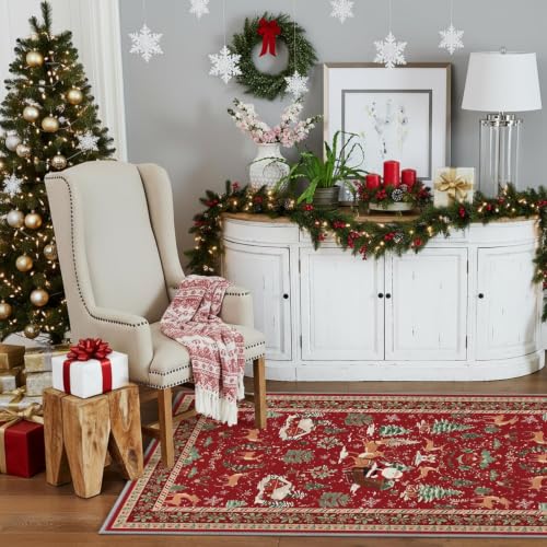 Artoid Mode Red Santa Claus Deer Christmas Area Rug 3x5 ft, Non-Slip Washable Holiday Home Decor