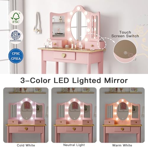 Kids Vanity Set with LED Mirror and Chair - Wooden Makeup Desk for Girls