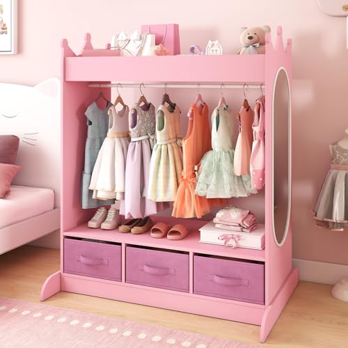 Kids Dress Up Storage Armoire with Mirror, Drawers and Hanging Rod - Pink