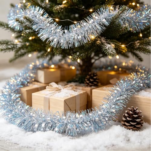 Psoeksdo 33ft Iridescent Silver Tinsel Garland - Glittering Christmas Decor for Indoor Outdoor