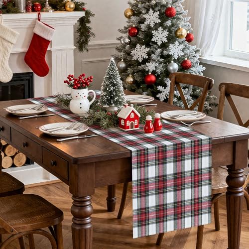 OTOSTAR Red & White Scottish Plaid Christmas Table Runner 13x60 Inch