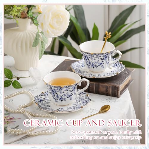 TATSUMI Blue Bone China Tea Cup & Saucer Set - Vintage Floral 3-Piece Gift
