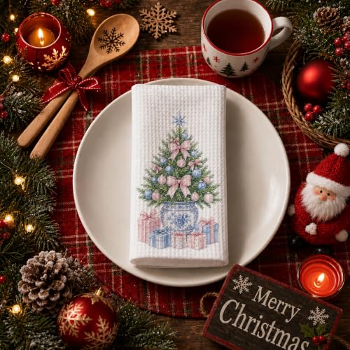 Zewepri Chinoiserie Christmas Kitchen Towels Set of 2 - Pink Bow, 16 x 24 inches (Variation: Pink Bow Christmas Tree)