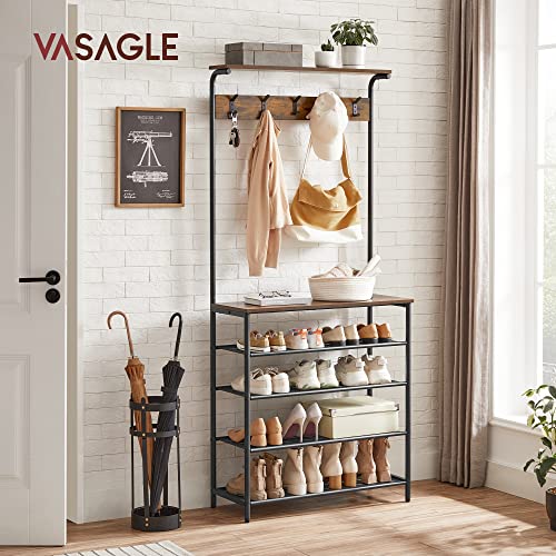 Industrial Hall Tree with Shoe Bench and Coat Rack, 5-Tier Entryway Organizer