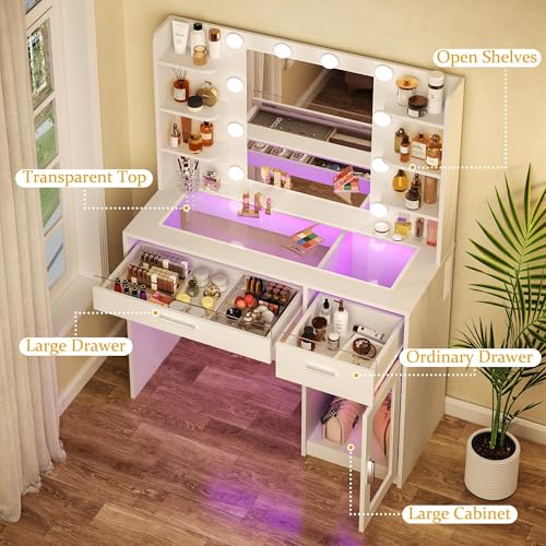 Makeup Vanity Desk with Mirror, LED Lights, Power Outlet and Storage Drawers