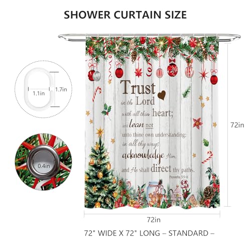 Christmas Shower Curtain with Xmas Tree & Ornaments - Green & White, 72x72 in