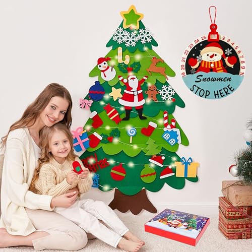 Onekka Felt Christmas Tree with Snowman Advent Calendar & 32 Decorations - 3.2ft DIY Kids Xmas Tree with Lights