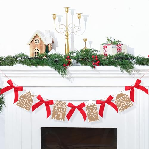 XunYee 5.9ft Christmas Gingerbread House Garland with Red Bows, Reusable Holiday Decor