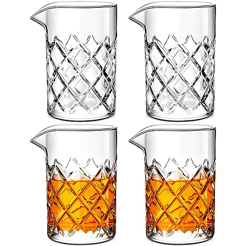 Dandat 4 Pcs 24 oz Cocktail Mixing Glass Set - Thick Base, Grid Pattern, Classic Style