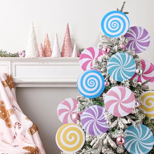 12-Pack Candyland Christmas Tree Picks - Large Peppermint & Lollipop Ornaments, Pink/Blue