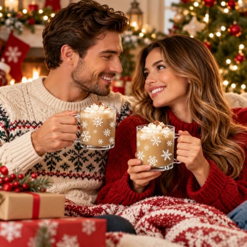 Tioncy 12 oz 2-Piece Snowflake Glass Coffee Mugs with Handle – White, Pack of 2