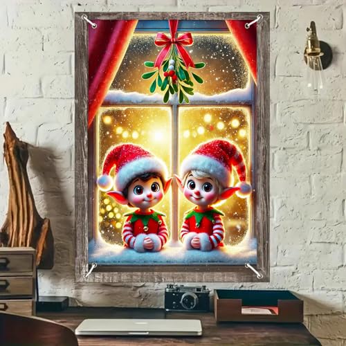 BlissYard Xmas Window Banner 31x47 Elves Twin Scene - Christmas Window Decorating Banner (Variation THIS listing: Christmas Window Banner#1)