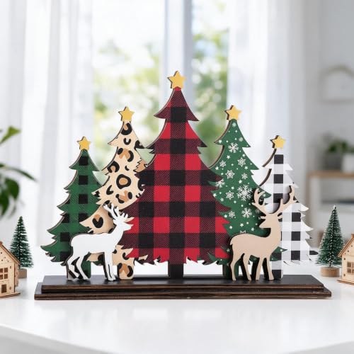GJNGKSIM Wooden Christmas Tree & Reindeer Sign - Indoor Holiday Decor for Mantel or Shelf