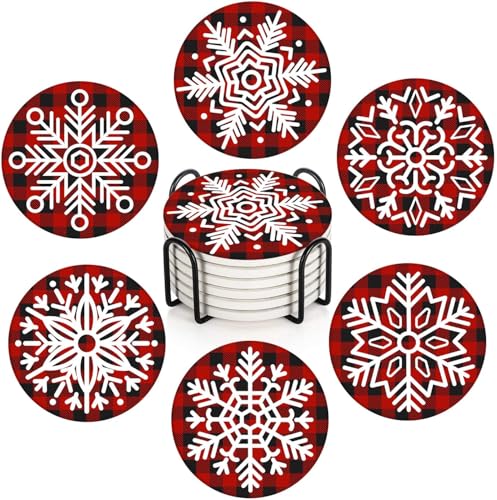 Britimes Snowflake Christmas Coasters, Set of 6 Ceramic Stone with Cork Base and Holder - Snowflake Variation