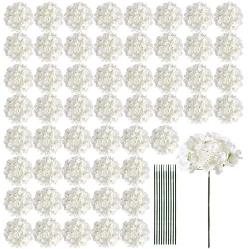 64 Pack Silk Hydrangea Artificial Flowers with Stems - Faux Ivory Floral Heads