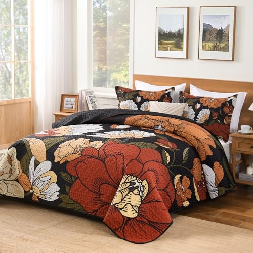 Andency Black Floral Boho King Quilt Set - 3-Piece Reversible Bedspread