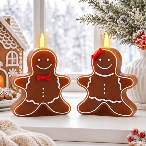 2 Pcs Christmas Gingerbread Flameless Candles Real Wax Holiday Decor